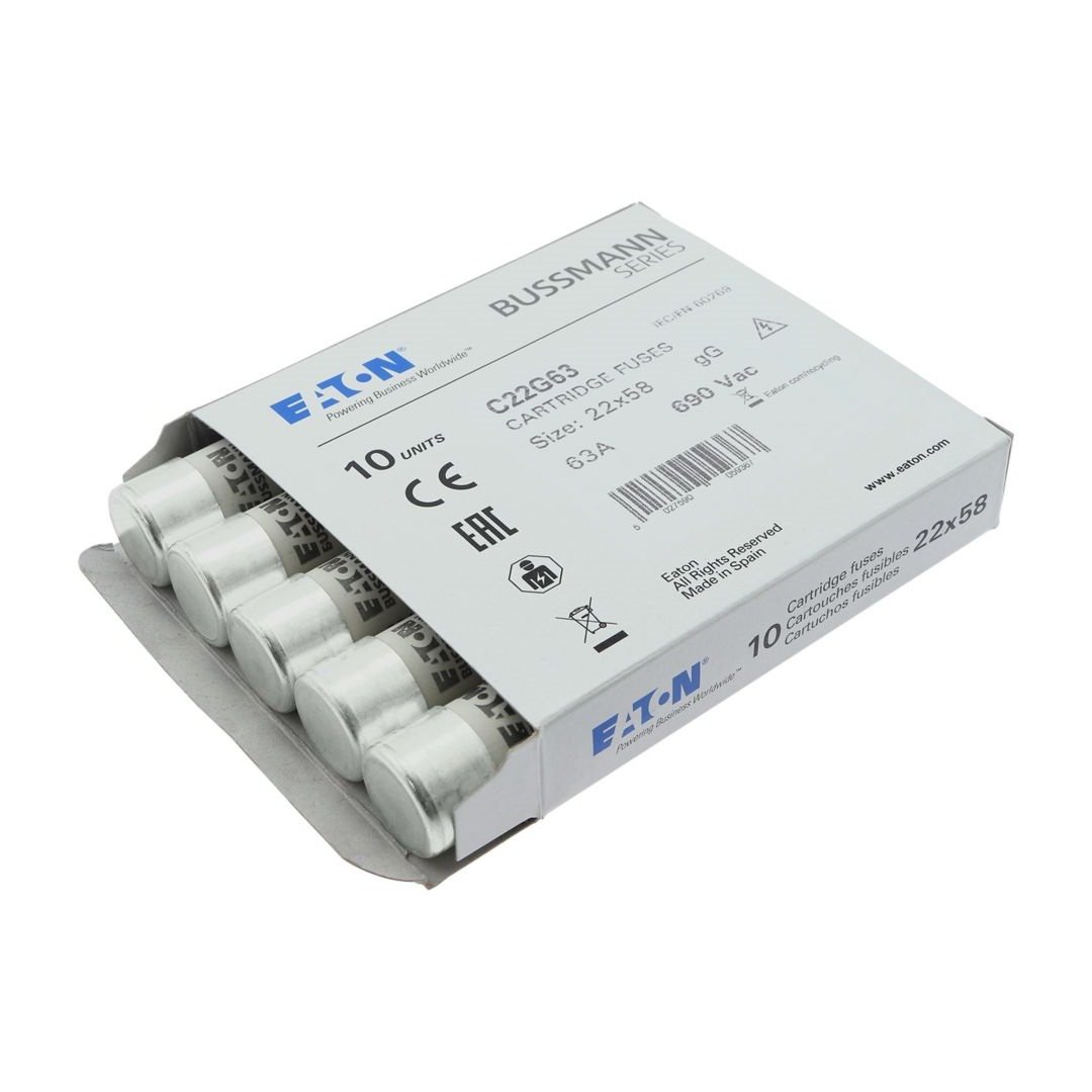 Eaton_Bussmann_Low_Voltage_Cylindrical_Fuse_C22G63_front_Packed_Side