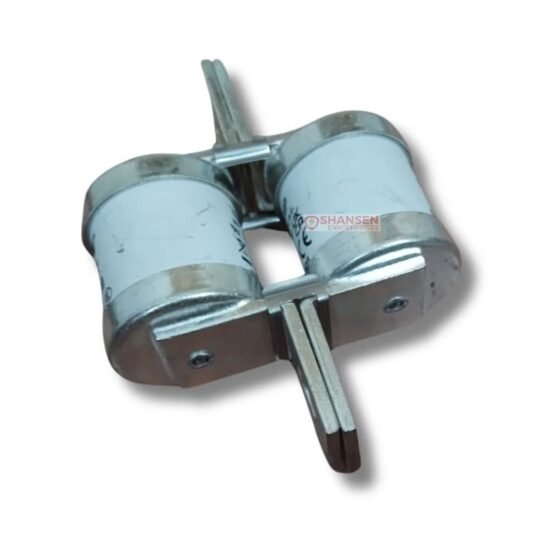 Backside of Eaton Bussmann 630FMM fuse showing twin barrels and connecting bridge between blade terminals