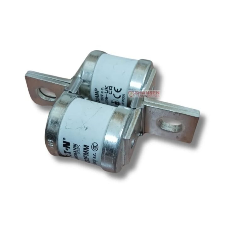 Eaton Bussmann 630FMM high-speed aR fuse, 630A 690VAC/450VDC, double-barrel with blade ends, close-up view