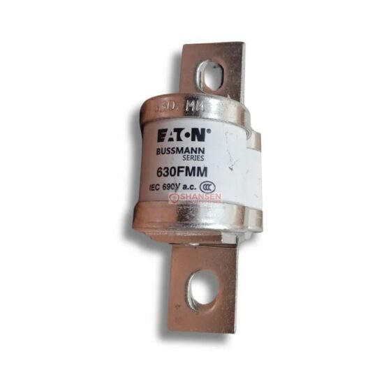 Single Eaton Bussmann 630FMM fuse front view with blade terminals and label visible