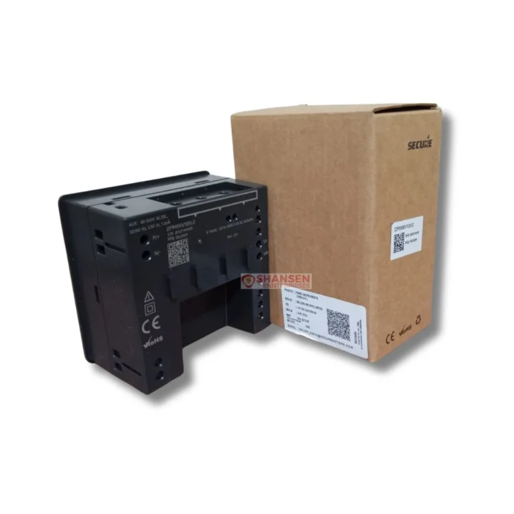 Rear view of Secure DPM V100 digital panel meter showing terminal layout and panel cutout with original SECURE packaging box