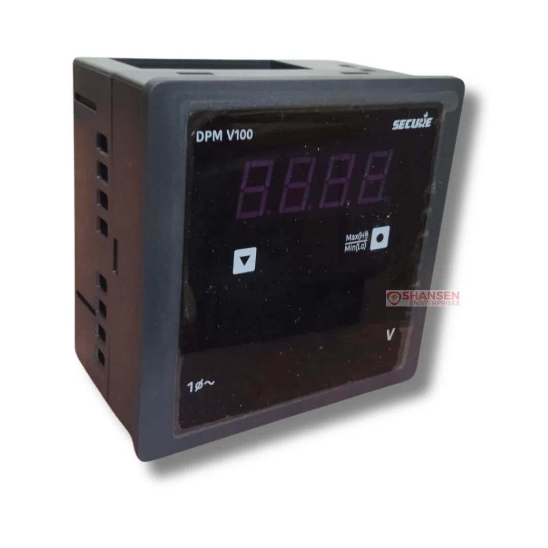 Secure DPM V100 digital panel voltmeter (single-phase) with LED display in black panel-mount housing, angled front view