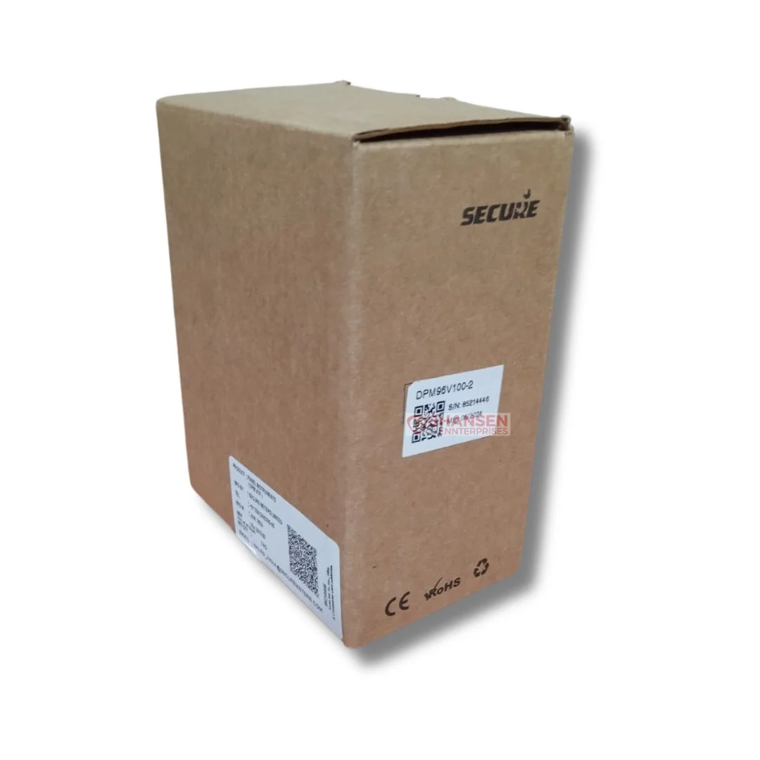Secure Meters DPM V100 digital panel meter in original cardboard packaging with model label, QR code, and CE/RoHS marks