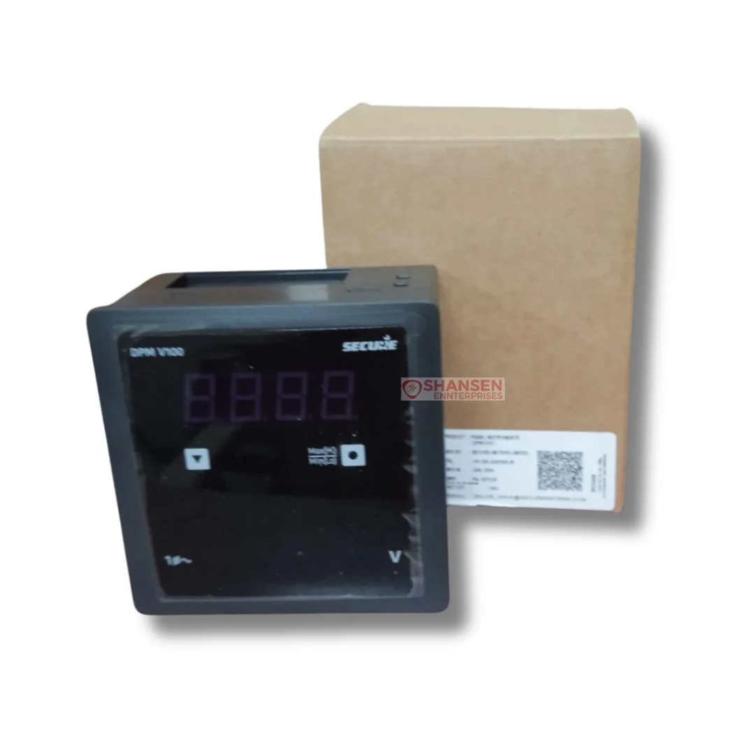 Secure Meters DPM V100 digital panel voltmeter front view with LED display, positioned in front of sealed packaging box