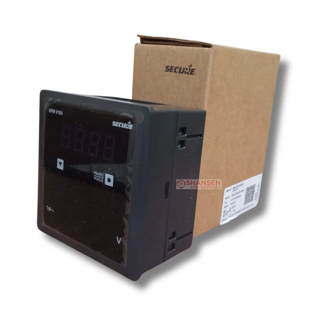 Left-side angled view of Secure Meters DPM V100 digital panel voltmeter with LED display, shown beside original packaging box