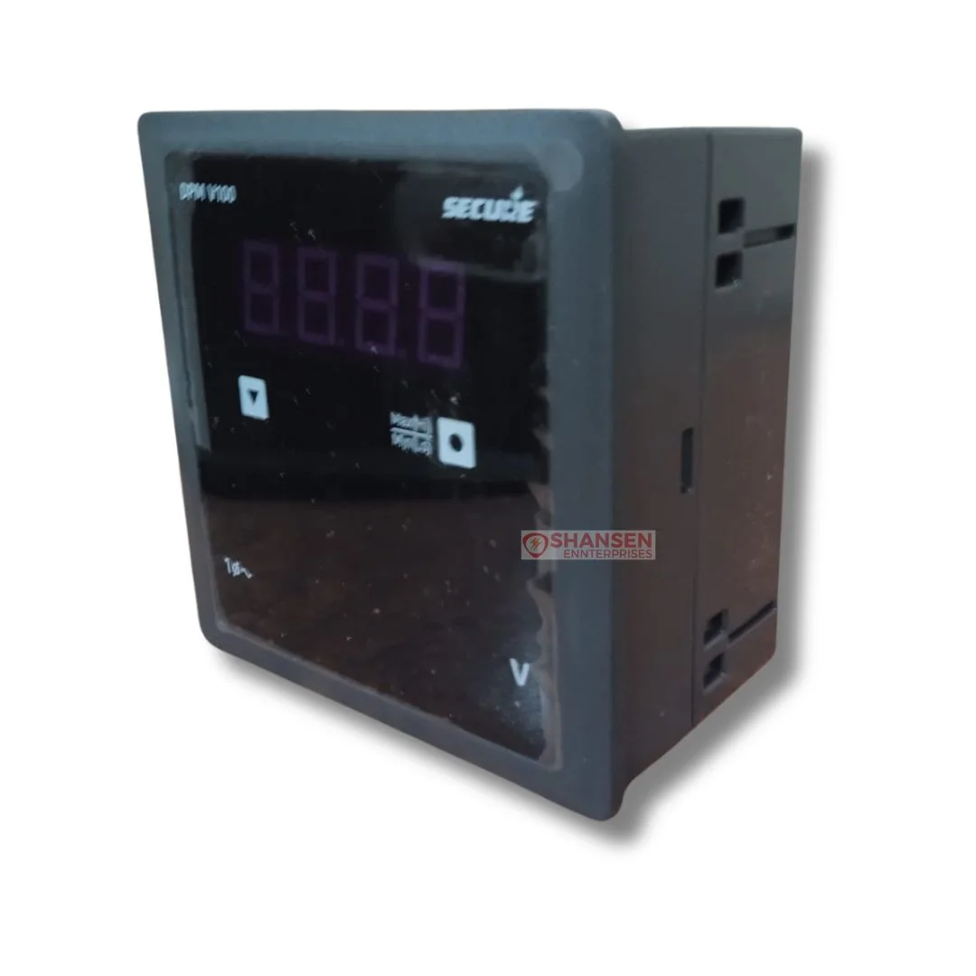 Right-side angled view of Secure Meters DPM V100 digital panel voltmeter with LED display in black panel-mount housing