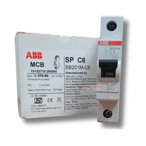 ABB_Brand_SB201M-C6_Miniature_Circuit_Breaker_1P_C_6_A_front_view