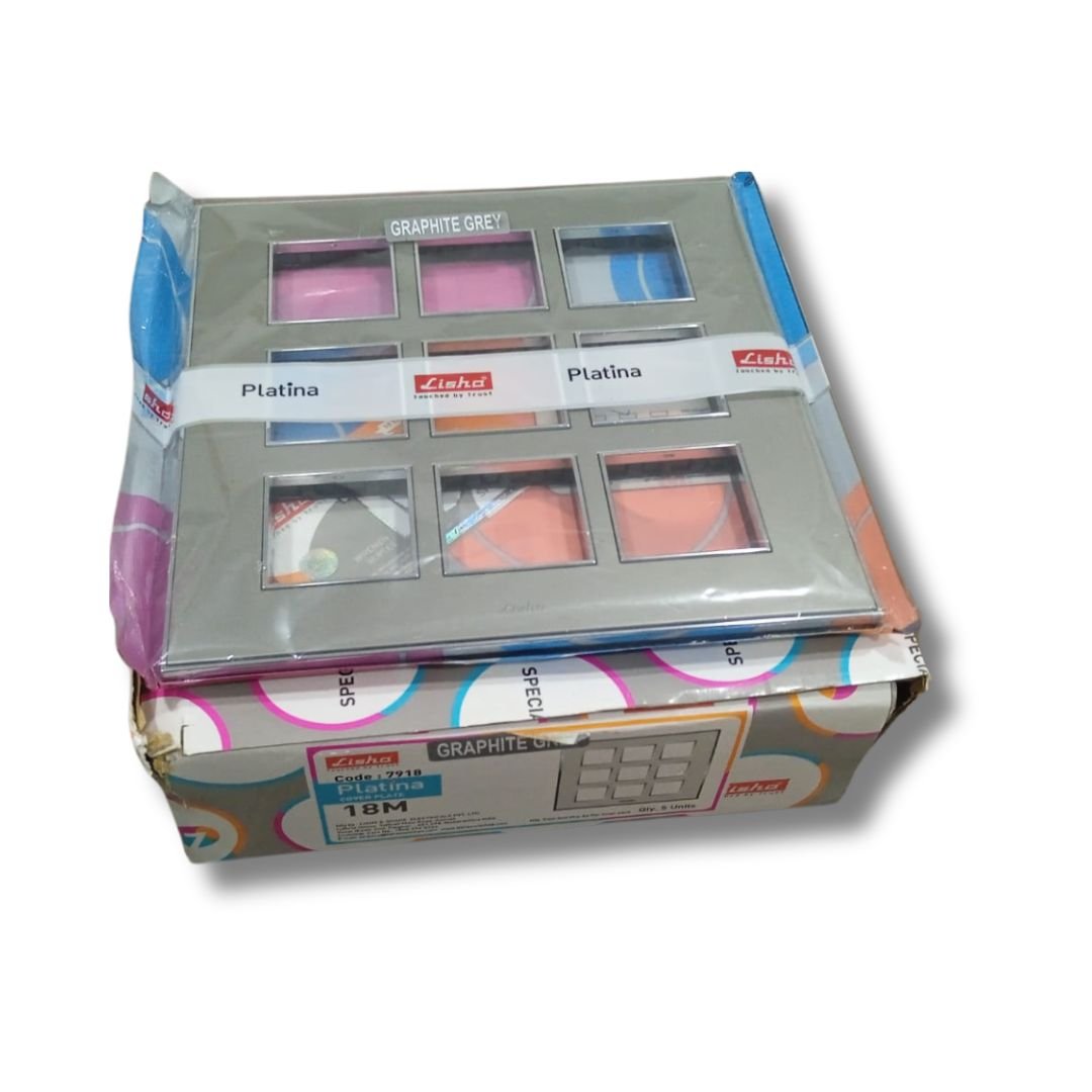 Lisha_Brand_Platina_Metallic_Graphite_Grey_18_Module_Cover_Plate_Pack_on_top_of_the_box