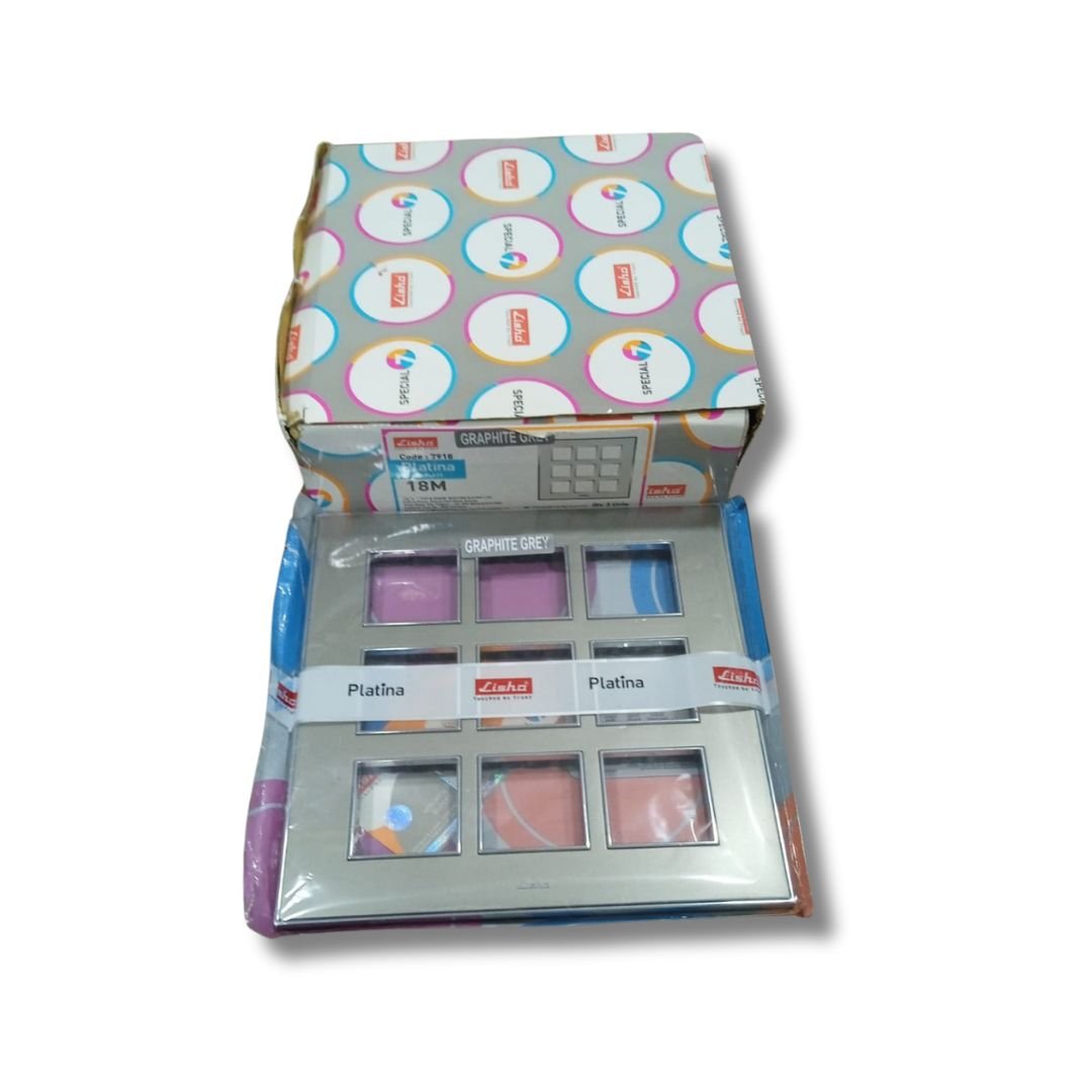 Lisha_Brand_Platina_Metallic_Graphite_Grey_18_Module_Cover_Plate_front_side_view_with_box