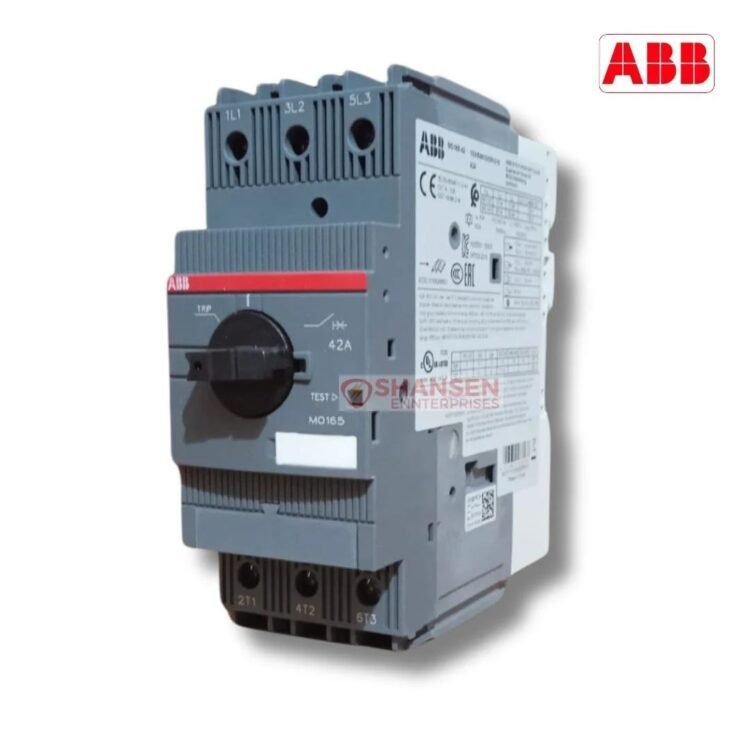 ABB MO165-42 manual motor starter, magnetic-only 42 A, 3-pole, DIN-rail mount with lockable rotary handle — Shansen Enterprise