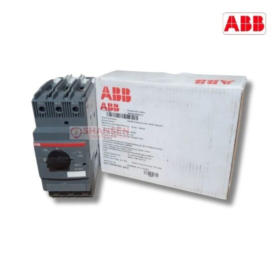 ABB MO165-42 manual motor starter, magnetic-only 42 A, 3-pole, DIN-rail, lockable rotary handle; product shown with box — Shansen Enterprises
