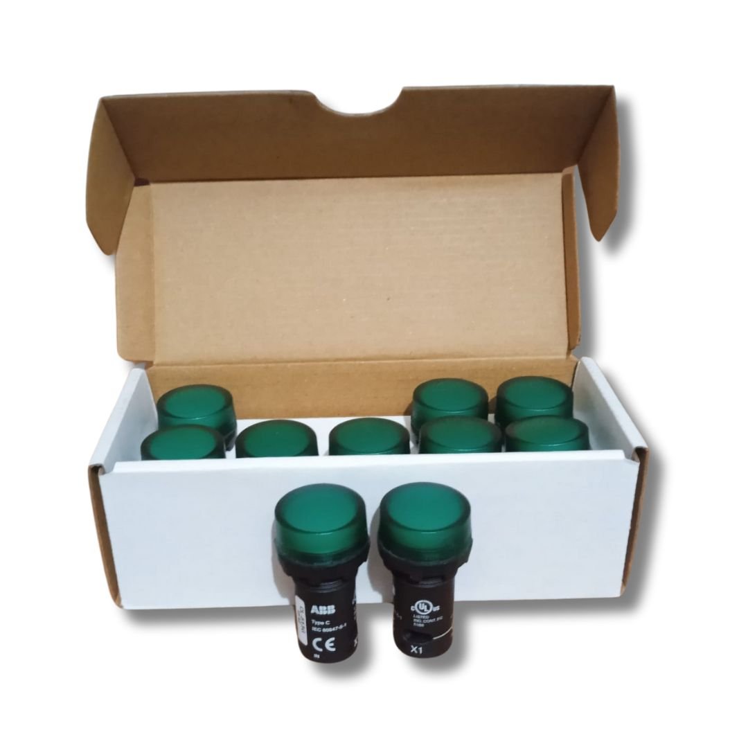 ABB_Brand_CL-513G_110-130V_A.C_Compact_Green_Pilot_Light in_front_of_open_box