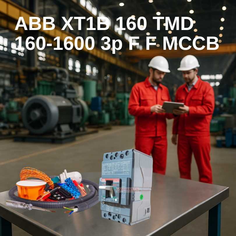 ABB XT1B 160 TMD MCCB 3P with accessories on table in industrial factory