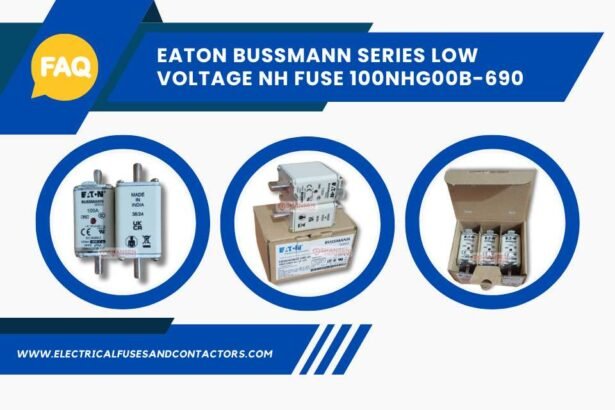 The image features an FAQ banner for the Eaton Bussmann Series Low Voltage NH Fuse 100NHG00B-690. It includes three product images showcasing the fuse, packaging, and a labeled box. The design uses blue and yellow accents with a website link at the bottom