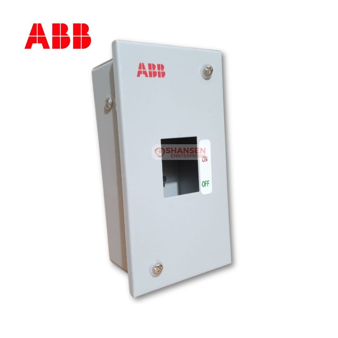 The image shows an ABB E-SEN 2P Distribution Board with a metal enclosure. The enclosure is compact, featuring an ON/OFF switch window, and secured with screws. The ABB logo is visible on the front panel, and the product is branded with Shansen Enterprises