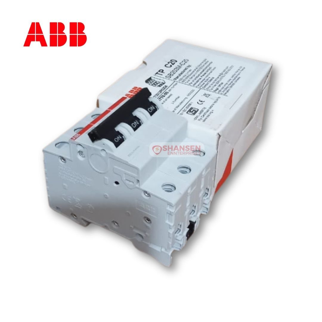 The image shows an ABB SB203M-C20 Miniature Circuit Breaker (MCB) with packaging. The white MCB has a red ABB logo and black toggle switches labeled "ON". The box displays the model name, specifications, and pricing. The Shansen Enterprises watermark is visible