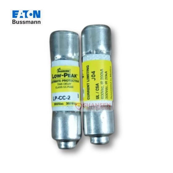 The image shows two Eaton Bussmann Low-Peak LP-CC-2 Time Delay Fuses, rated 600VAC / 300VDC with a 200kA interrupt rating. The fuses have a yellow label indicating their class and protection features. The Shansen Enterprises watermark is visible