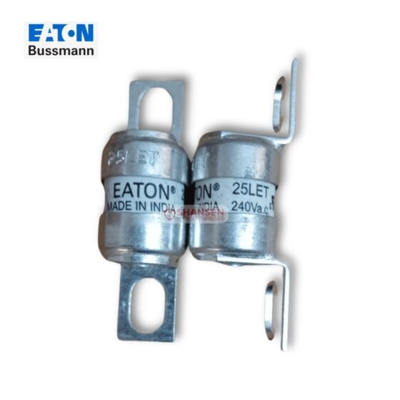 The image shows a pair of Eaton Bussmann Series 25LET High-Speed British Standard Fuses with metallic bodies and blade-end connections. The label indicates "Made in India" and "240V AC". The Eaton Bussmann logo is visible in the top left corner, and a watermark for Shansen Enterprises is overlaid