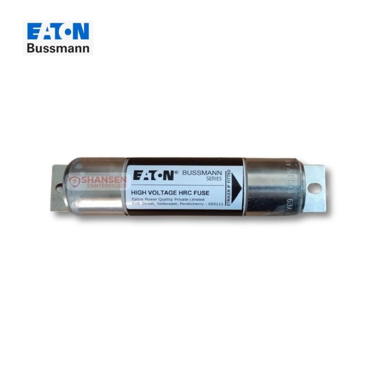 The image shows an Eaton Bussmann Series High Voltage HRC Fuse, rated 63A, 3.6kV, with a cylindrical metallic body and flat mounting terminals. The label displays branding and specifications. The Shansen Enterprises watermark indicates authorized distribution