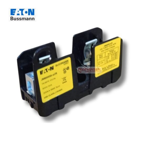 The image shows an Eaton Bussmann Series JM Modular Fuse Block (JM60030-1CR) with a black plastic body and yellow labeling for specifications. It features a single-pole design with a box lug connection, suitable for Class J fuses, rated 0-30A, 600V, 200 kAIC