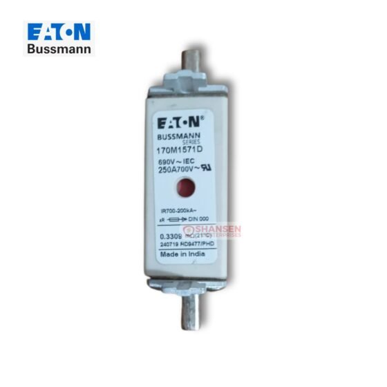 The image shows an Eaton Bussmann Series High-Speed Square Body Fuse (Model: 170M1571D). It has a 690V IEC / 700V UL voltage rating and a 250A current rating. The fuse features a red status indicator and is DIN 000 size, suitable for semiconductor protection