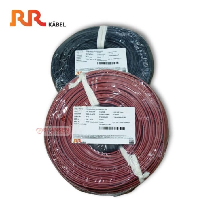 The image shows RR Kabel 2X1.5 Sq.mm Speaker Wire in red-black and black color variations, neatly coiled and wrapped in plastic. The label details the specifications, including Twin Parallel-Regular type, 300/500V grade, Class 5 conductor, and 90-meter length. Branding from RR Kabel and Shansen Enterprises is visible