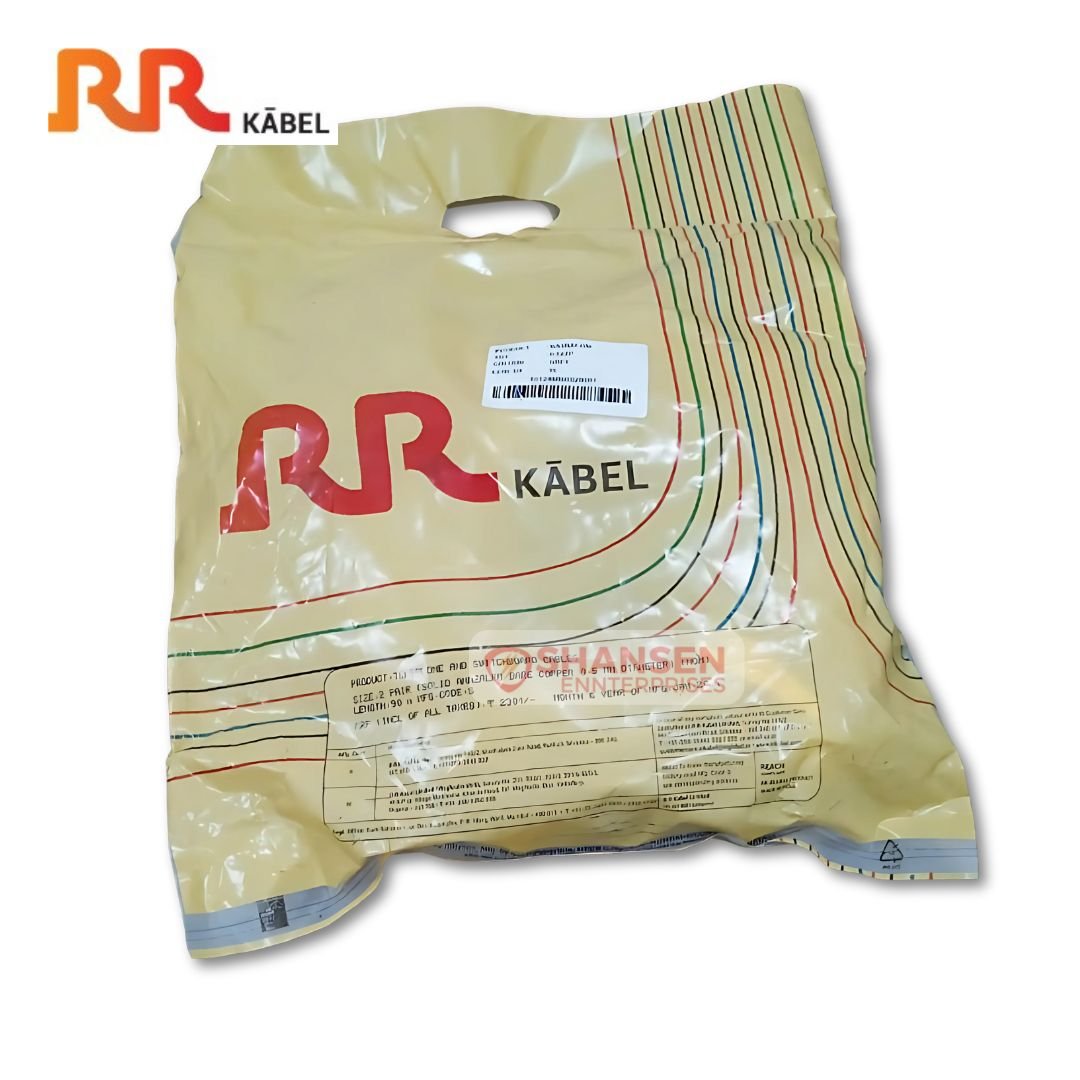 This image shows a packaged product from RR Kabel, a well-known brand specializing in wires and cables. The packaging is a plastic bag with a yellowish-beige background, featuring the RR Kabel logo prominently in red. The design includes curved, multi-colored lines, likely representing electrical wiring