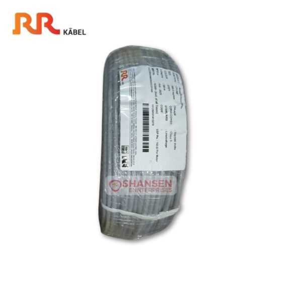 The image shows a RR Kabel CY-RM 3X0.5 Sqmm Braidscreen Cable (100m, Grey) wrapped in plastic with a product label displaying specifications. The Shansen Enterprises watermark is visible, along with the RR Kabel logo in the top left corner