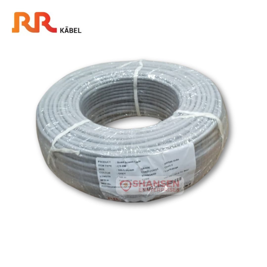 The image shows a RR Kabel CY-RM 3X0.5 Sqmm Braidscreen Cable (100m, Grey) wrapped in plastic with a product label displaying specifications. The Shansen Enterprises watermark is visible, along with the RR Kabel logo in the top left corner