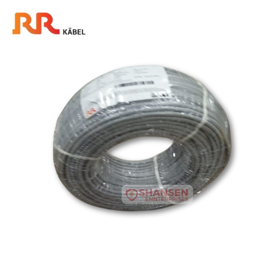 The image shows a RR Kabel CY-RM 3X0.5 Sqmm Braidscreen Cable (100m, Grey) wrapped in plastic with a product label displaying specifications. The Shansen Enterprises watermark is visible, along with the RR Kabel logo in the top left corner