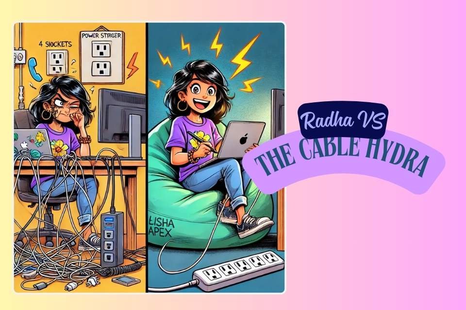 Radha defeats tangled wires using Lisha APEX 6A Power Strip with 4 sockets, 4 switches, and a 4-meter cord
