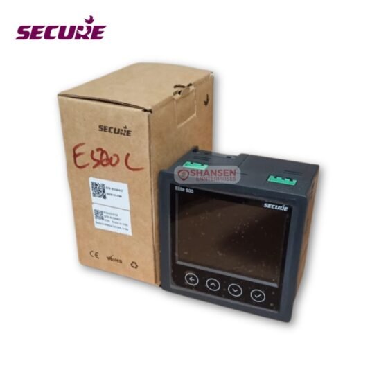 The image shows a Secure Elite 500 energy meter or network recorder alongside its original packaging. The device has a touchscreen with four navigation buttons. The Secure logo is visible on both the device and the box, which has a label and handwritten text "E500 L."