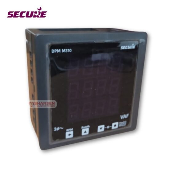 The image shows a SECURE DPM96M310-2 VAF Digital Panel Meter, featuring a black digital display with touch-sense buttons at the bottom. The SECURE logo is visible at the top, and the product is branded with Shansen Enterprises watermark