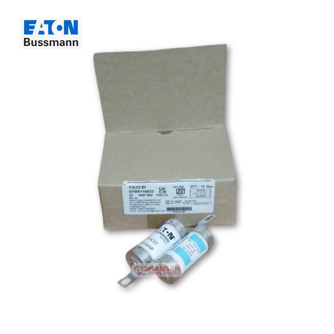Eaton Bussmann TIA32 32A BS88 HRC fuses displayed with original packaging box – available through Shansen Enterprises in Coimbatore for all-India supply