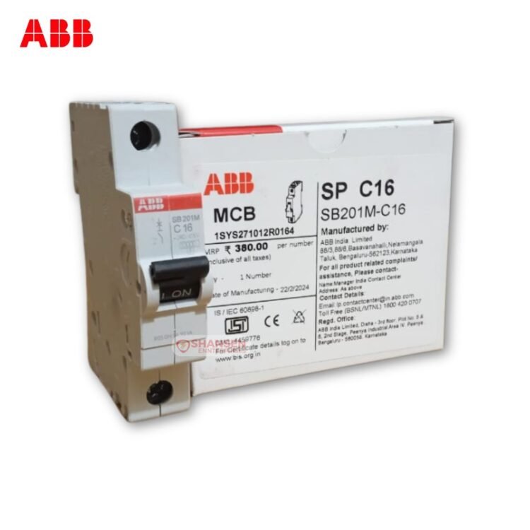 ABB SB201M C16 Single Pole MCB with packaging and specifications