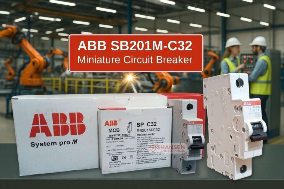 ABB SB201M-C32 Miniature Circuit Breaker with Packaging and Industrial Factory Background - Shansen Enterprises