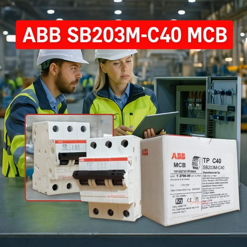 ABB SB203M-C40 MCB promotional image with engineers in manufacturing plant and product in foreground – Shansen Enterprises