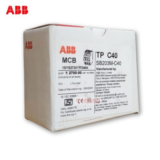 ABB SB203M-C40 MCB packaging with label showing model, specs, MRP, and manufacturer details – Shansen Enterprises