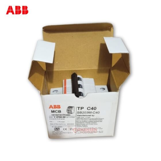 ABB SB203M-C40 Miniature Circuit Breaker inside opened box – 3 Pole 40A MCB from Shansen Enterprises
