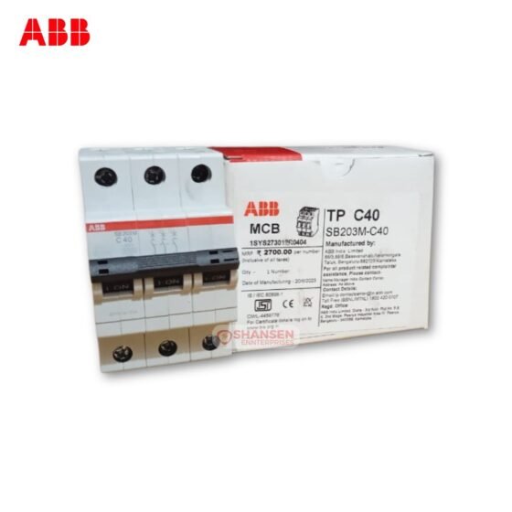 ABB SB203M-C40 Miniature Circuit Breaker with Retail Box and Product Label – 3 Pole 40A Type C