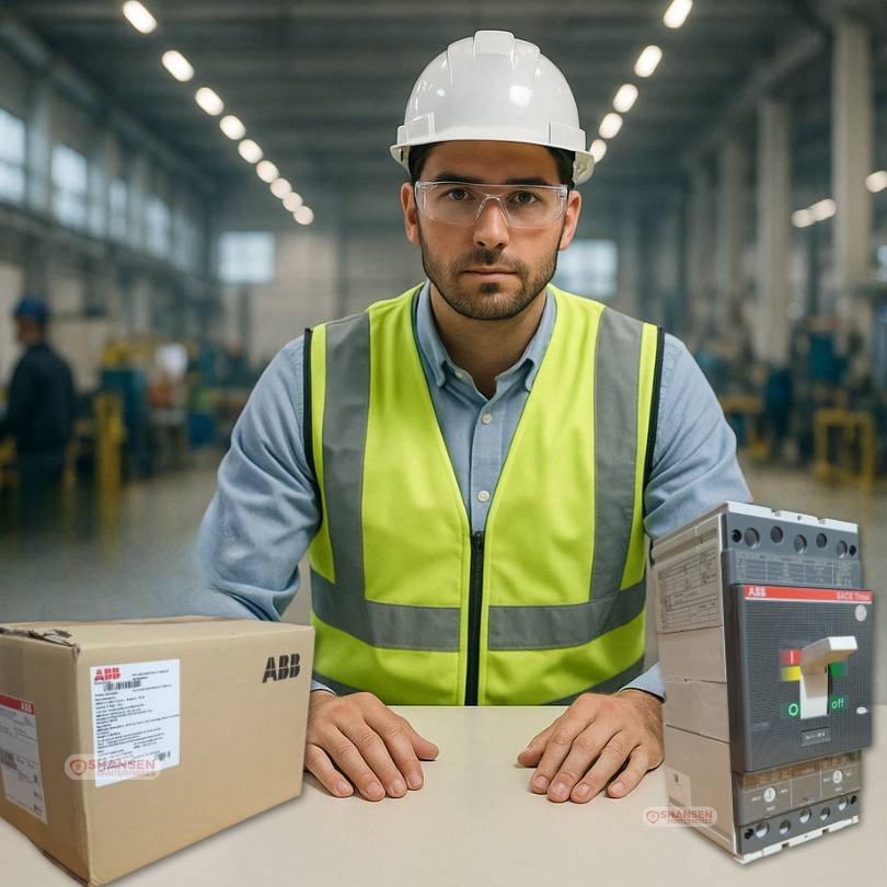 ABB T4V-HA 250 Circuit Breaker Displayed on Worktable with Electrical Engineer in Factory