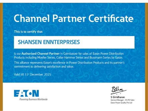 Eaton Authorized Channel Partner Certificate awarded to Shansen Enterprises Coimbatore for Power Distribution Products sales