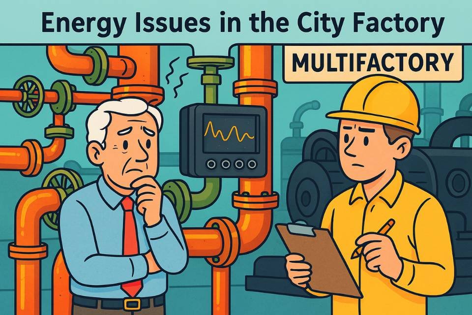 Cartoon of factory supervisor and technician analyzing smart meter data due to energy issues in city-based multifactory setup