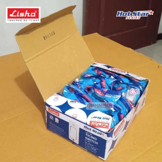 Open bulk packaging box of Lisha 1 Way Ticino Switch Hotstar Series available at Shansen Enterprises