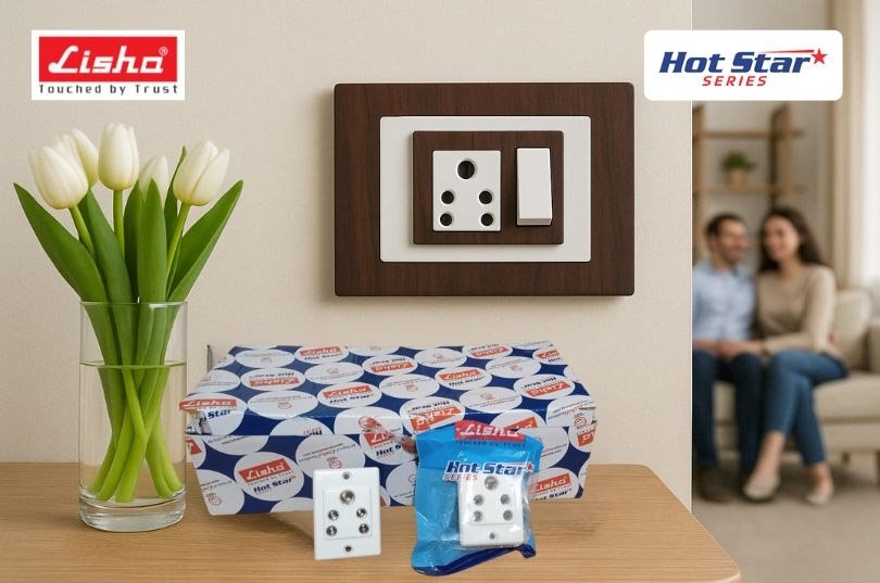 Lisha 6A 1in1 Socket lifestyle setup with wood-finish plate, product box, and couple in background