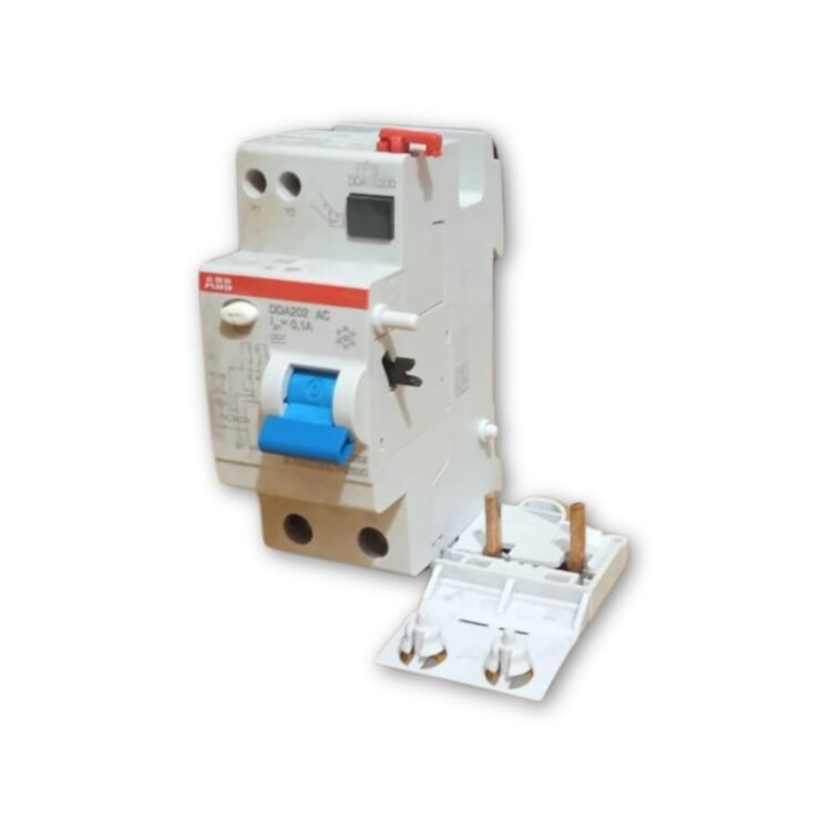 Isolated ABB DDA202 AC-63/0.1 RCD Block with its detachable base shown on a white background