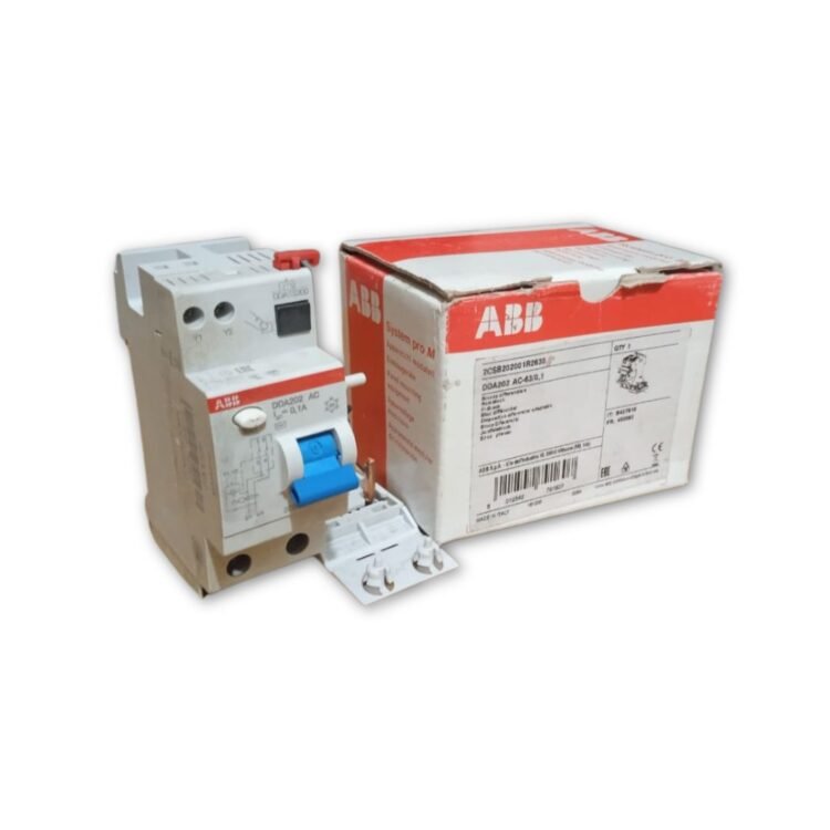 ABB DDA202 AC-63/0.1 RCD Block mounted on its detachable base tray, displayed beside its ABB-branded packaging