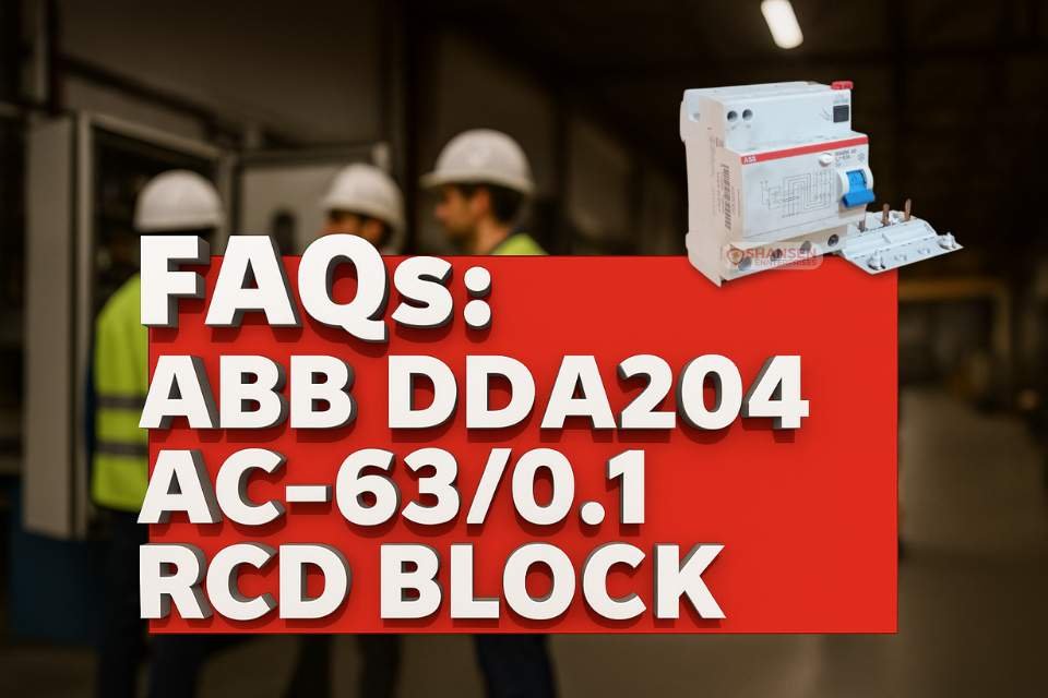 FAQs banner for ABB DDA204 AC-63/0.1 RCD Block with product overlay and factory background – Shansen Enterprises