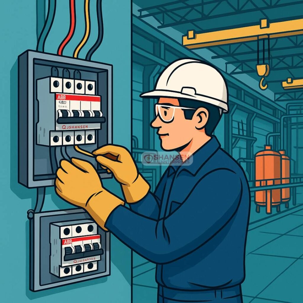 Cartoon-style illustration of an electrical engineer installing ABB MCBs in a factory panel – Shansen Enterprises, ABB Authorized Channel Partner