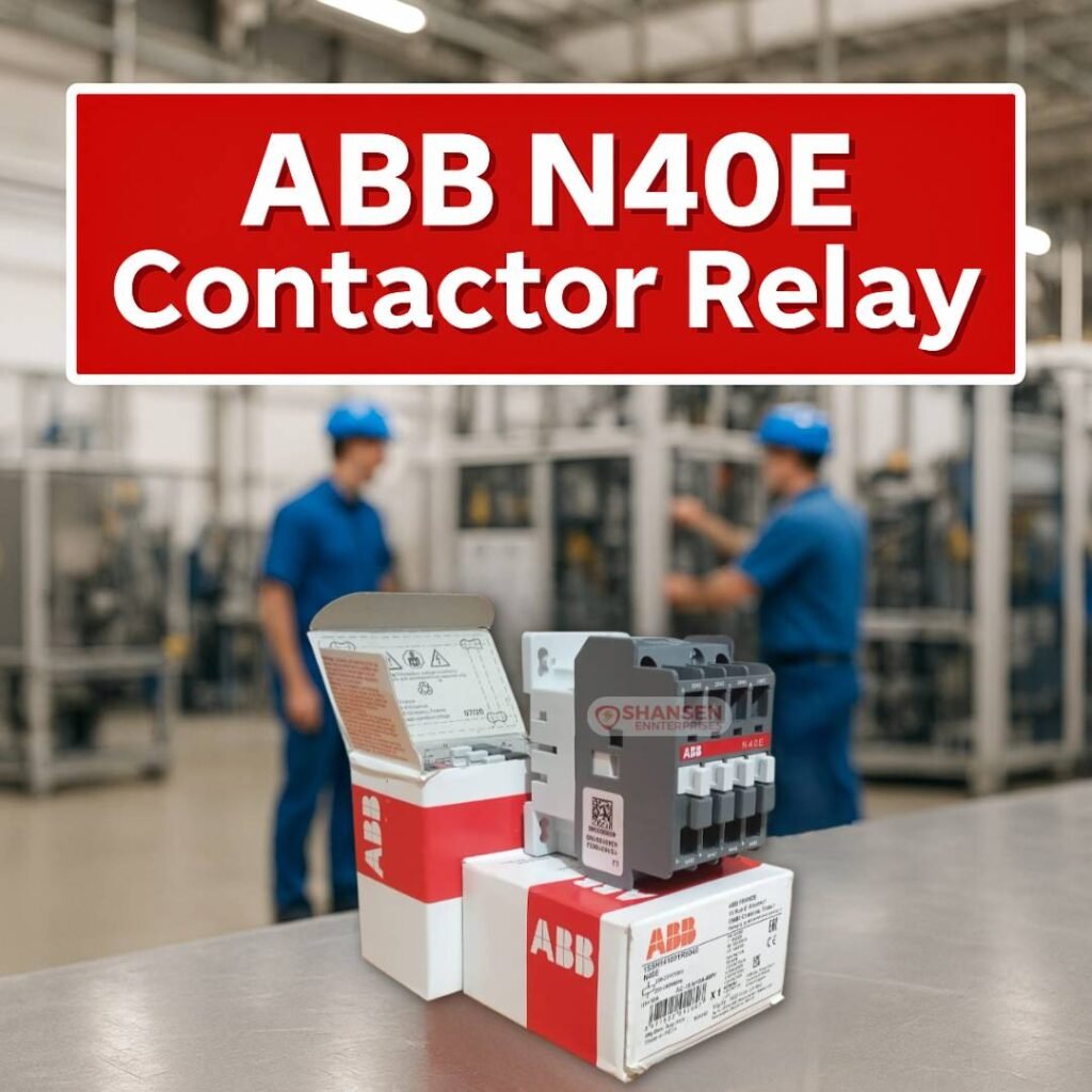 ABB N40E Contactor Relay displayed on factory table with technicians in background – Shansen Enterprises, ABB Authorized Channel Partner